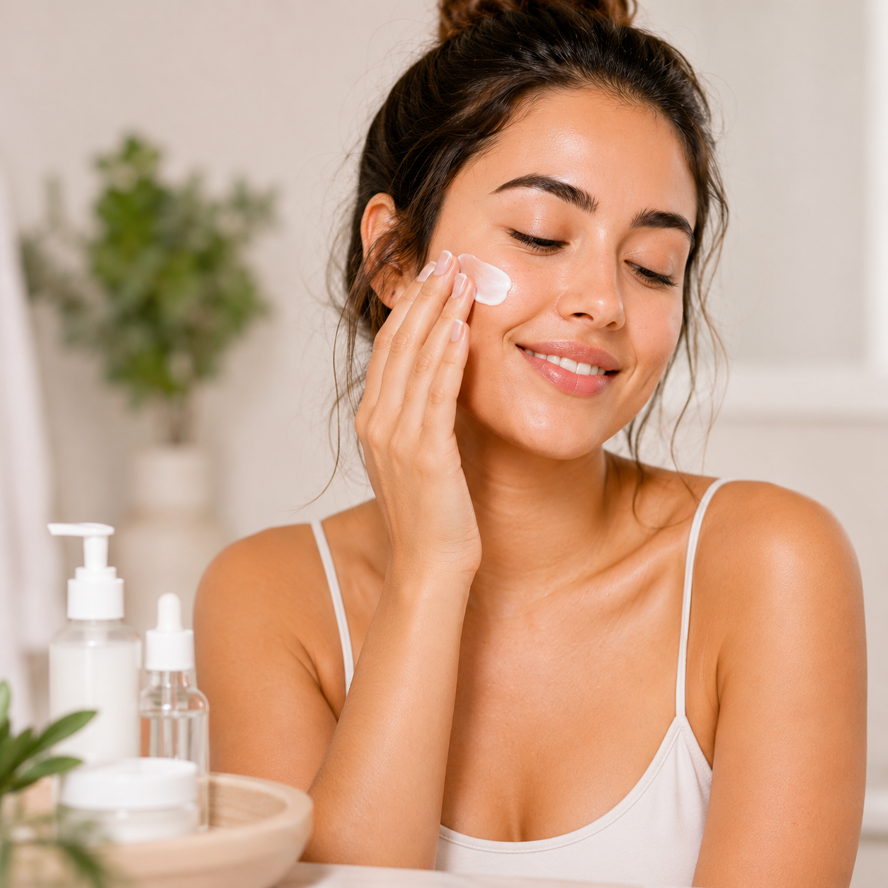Mulher cuidando da pele com rotina suave de skincare