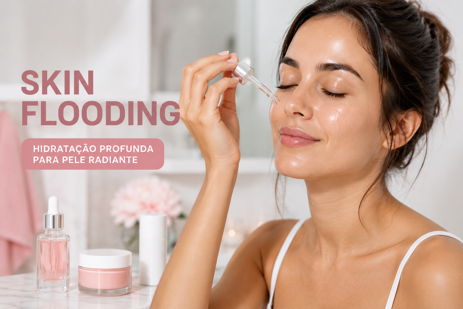 mulher aplicando sérum facial na técnica skin flooding para hidratação profunda da pele